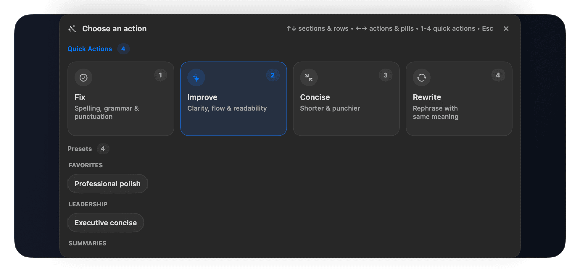 CueDraft Action Chooser in dark mode showing quick actions and saved presets