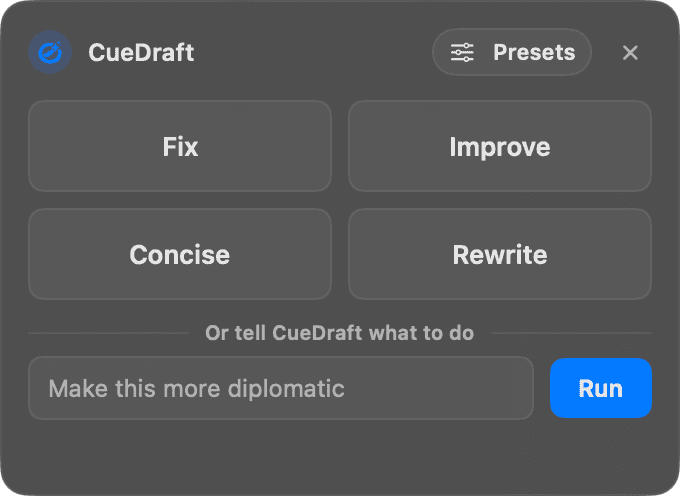 CueDraft action menu with custom instruction input