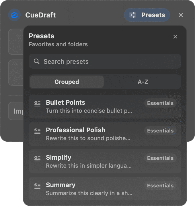 CueDraft presets menu with reusable text actions