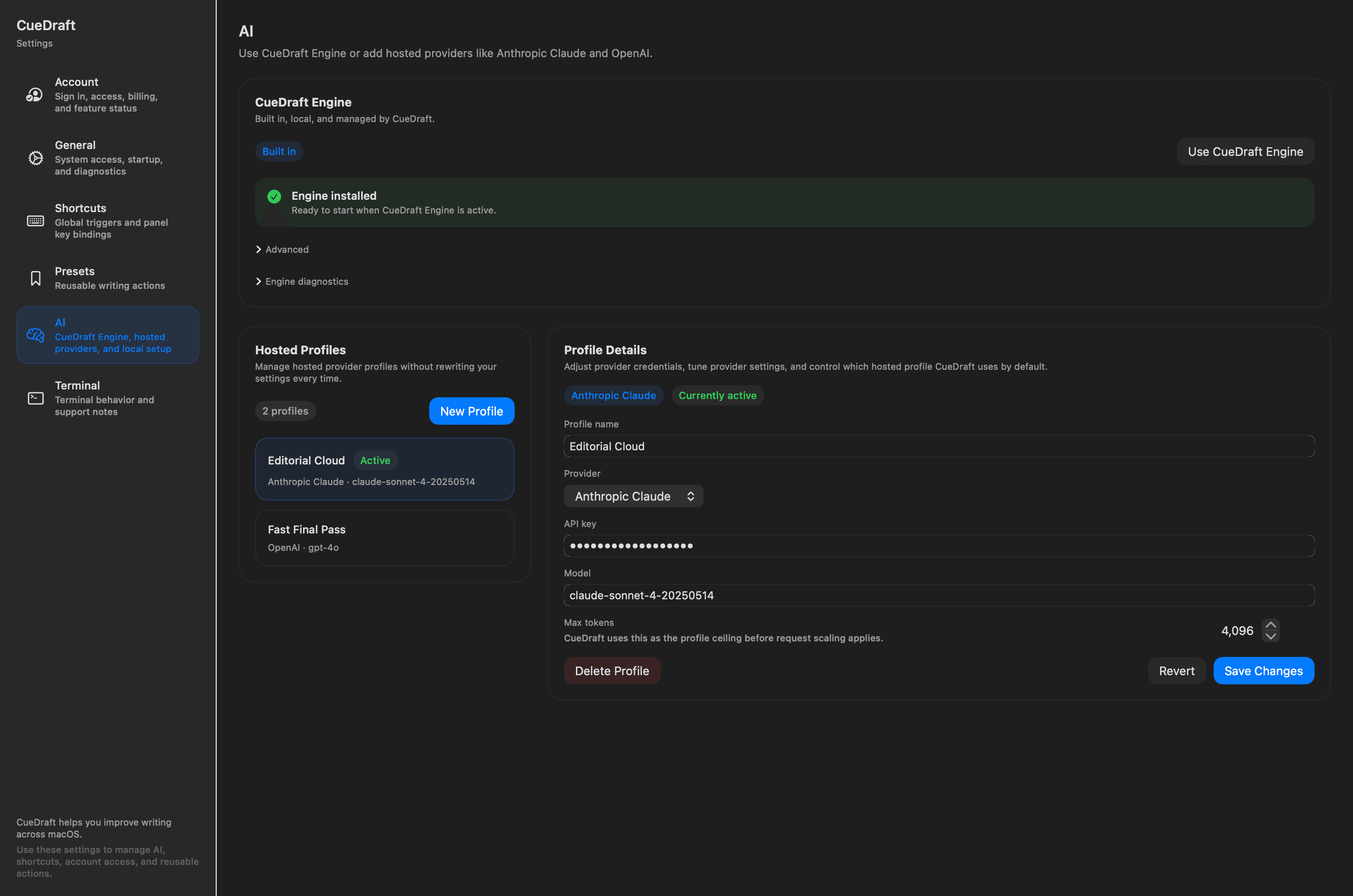 CueDraft AI settings showing CueDraft Engine, hosted providers, and profile controls