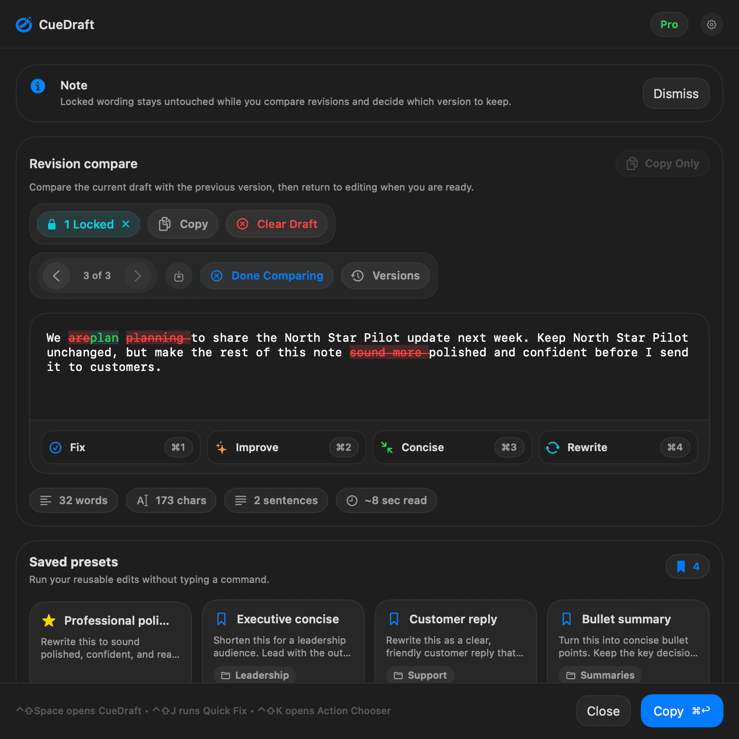 CueDraft revisions view showing compare mode, version history, and protected text