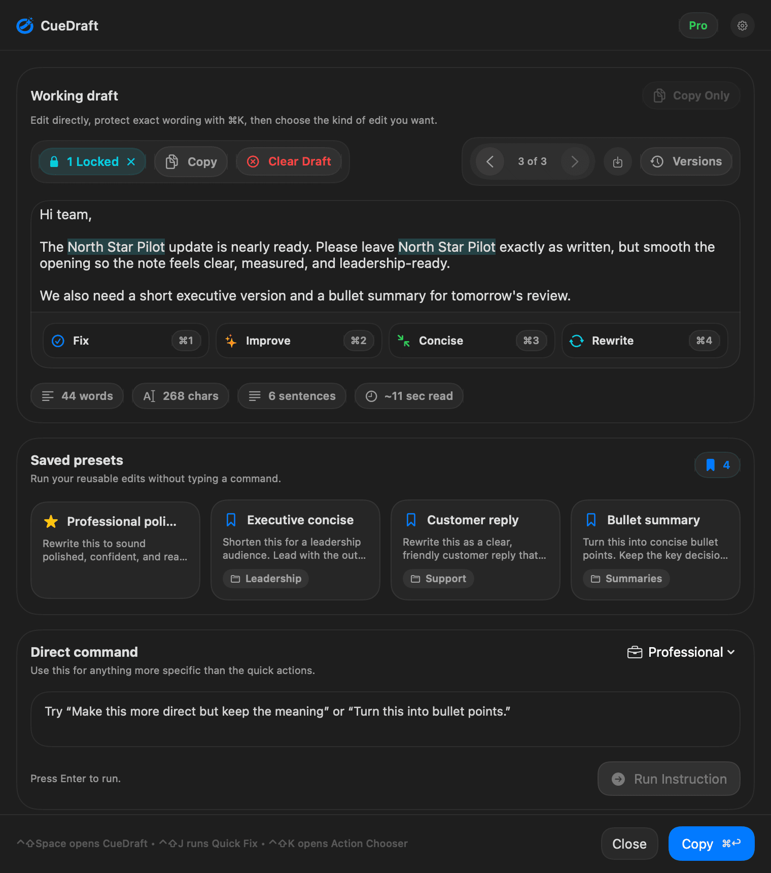 CueDraft panel workspace in dark mode showing editing, presets, and visible actions