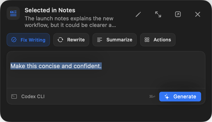 CueDraft Quick HUD composing a custom instruction for selected text