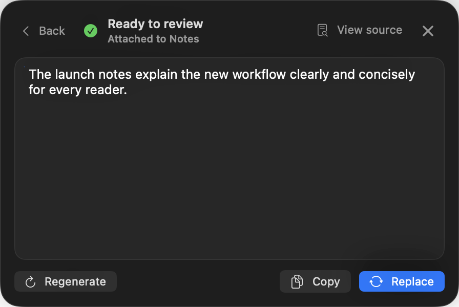 CueDraft review HUD with Back, View source, Copy, and Replace controls