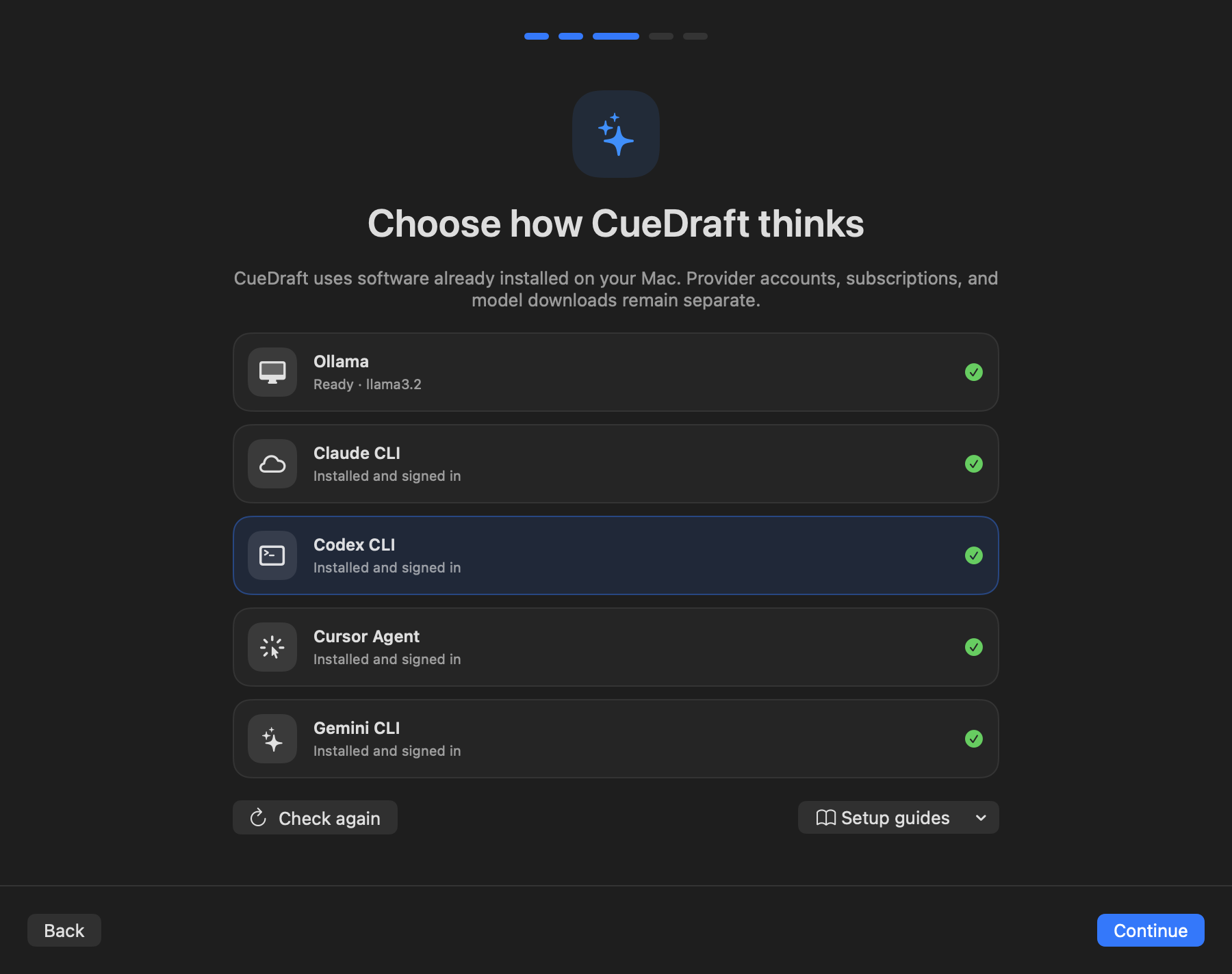 CueDraft onboarding provider readiness step for Ollama and supported signed-in CLI providers