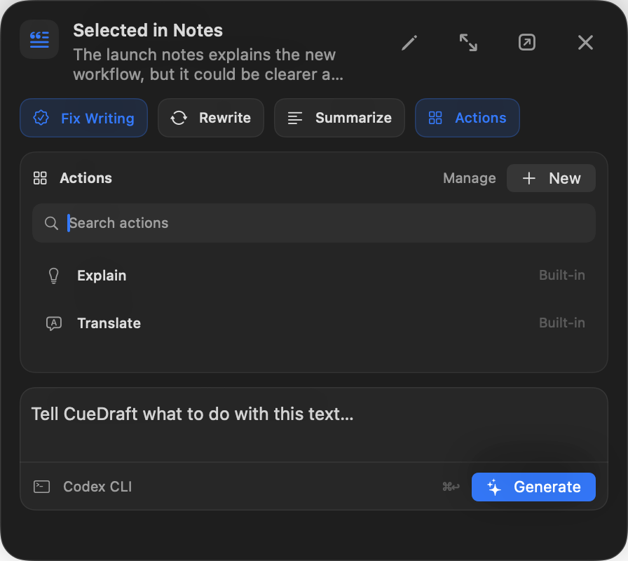 CueDraft searchable Actions and custom preset library