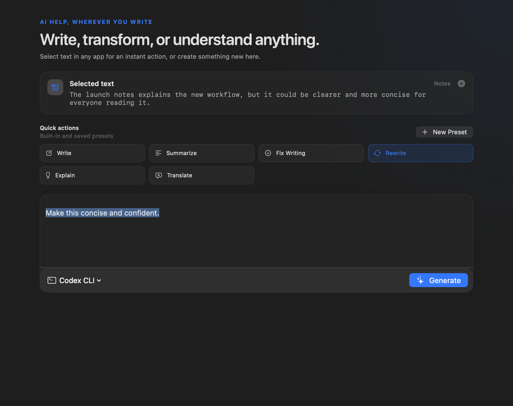 CueDraft workspace with selected text, quick actions, and an instruction composer